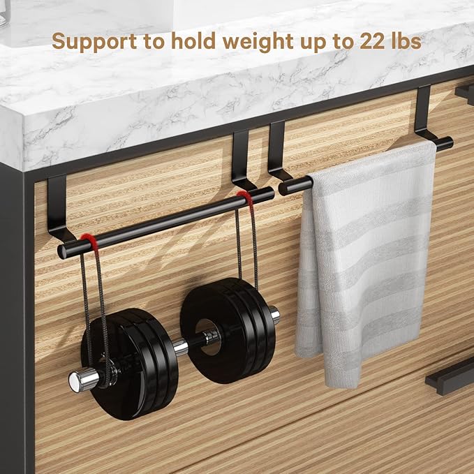 Stainless Steel Over Door Towel Rack Bar Holders for Universal Fit on Over Cabinet Cupboard Doors 2 Pack (Black)