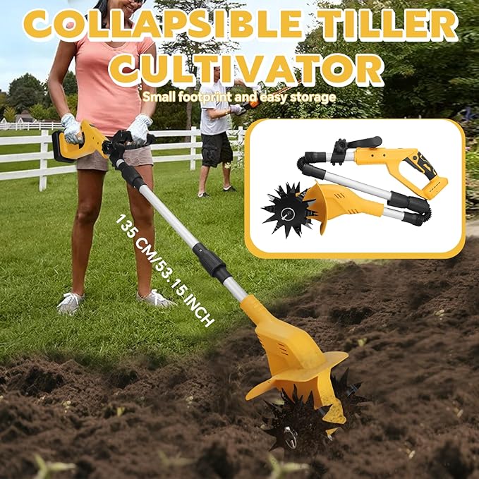 Cordless Tiller Cultivator for DeWalt 20V Battery, 330RPM Garden Cultivator,7.87" Tilling Width and 6.3" Depth Portable Rotary Tiller