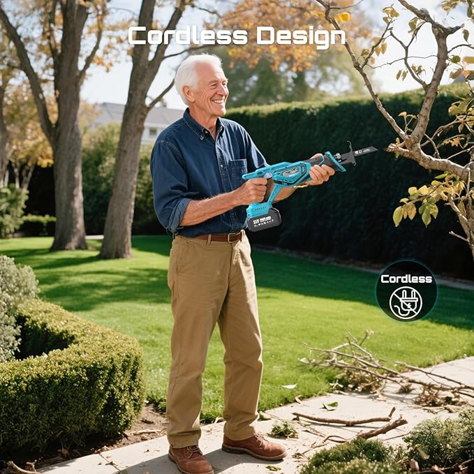 SEESII Reciprocating Saw Cordless, Variable Speed 3500 RPM Brushless Motor with 8 Saw Blades, 2 x 4.0Ah Batteries, LED Light, Tool‑Free Blade Change, Portable for Wood PVC Cutting (Dark Blue)