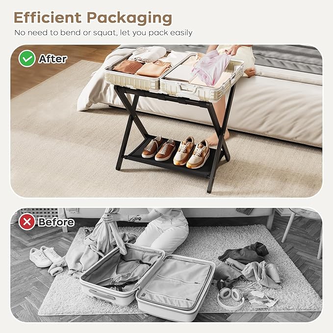 Fully Assembled Black Luggage Rack for Guest Room, Bamboo Folding Suitcase Stand with Fabric Storage Shelf, 5 Nylon Straps, Upgraded Luggage Rack Holder for Bedroom Hotel, Holds up to 165 Lbs, 1pcs