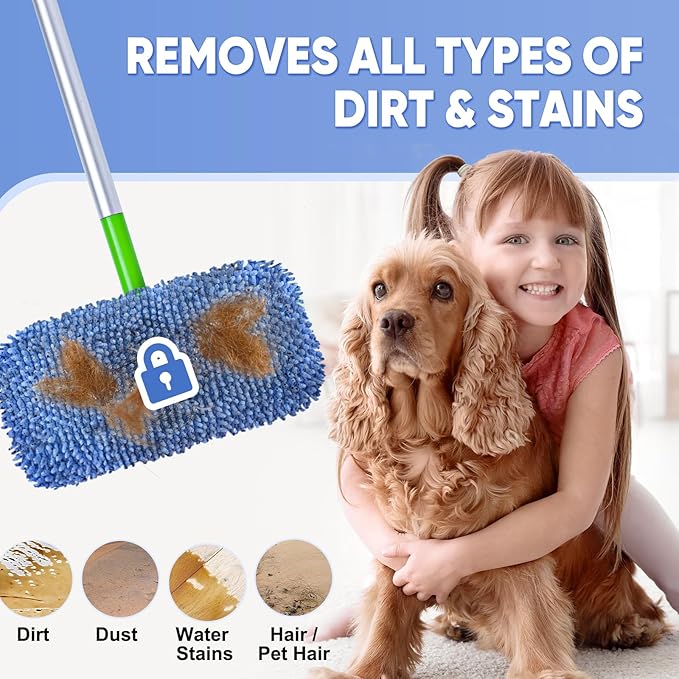 6 Pack Reusable Mop Pads Compatible with Swiffer Sweeper, Chenille Mop Refill Pads, Dry & Wet Mopping Cloths for Floor Cleaning -Blue