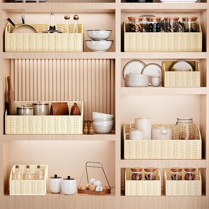 Ollieroo Rattan Storage Baskets, Handwoven Wicker Storage Bins with Built-in Handles, Storage Container Baskets for Shelves, Bedroom, Bathroom, Laundry Room or Kitchen(Beige)