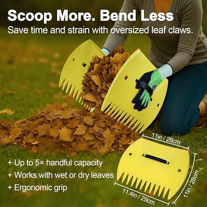 Adjustable Garden Rake for Leaves 36 to 73 Inch 25 Tines with Leaf Scoops, 32 Gallon Self Standing Yard Waste Bag Hoop, 2 Pairs Latex Coated Gloves