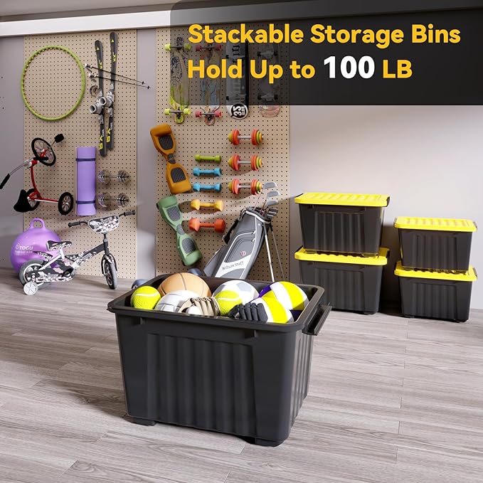 Nazhura 97 Quart Plastic Storage Bin, Stackable and Nestable Storage Boxes with Yellow Lids and Secure Latching Buckles, Large Storage Container (Black/Yellow, 97Quart-4Pack)