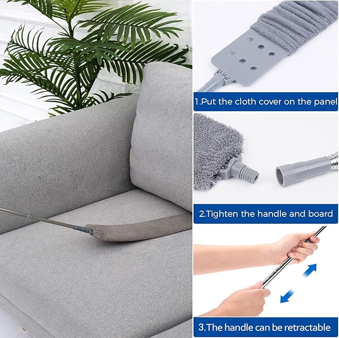 Retractable Gap Dust Cleaner with Extension Pole, Cleaning Tools with 2 Microfiber Dusting Cloths, Washable Extendable Long Handle Gap Dusters for Sofa Bed Furniture Bottom (2pcs Duster Cloths)