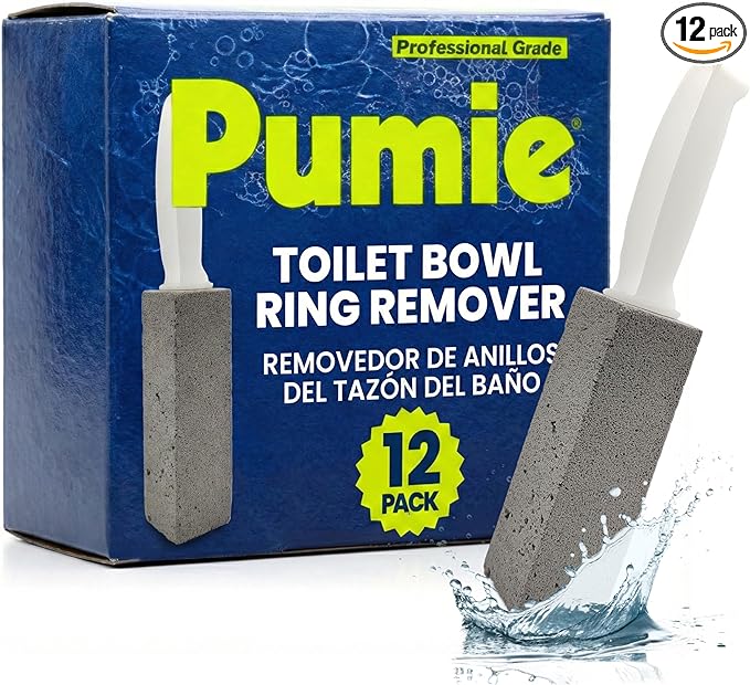 PUMIE Pumice Stone Toilet Bowl Cleaner (12-Pack) - Toilet Pumice Stone with Handle - Heavy Duty Scouring Stick for Rings, Bowls, Hard Water Stains, Lime, Rust, Sink - Includes Handle for Easy Use