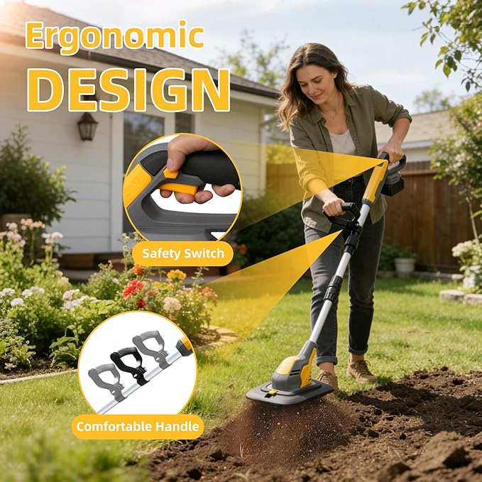 Electric Garden Tiller Cultivator, Cordless Rototiller for Gardening with 2X4.0Ah Batteries & Charge & LCD Display, 9-Inch Tilling Width, 6.6-Inch Depth Tiller for Soil Cultivation, Weeding