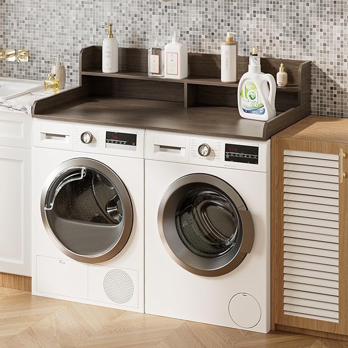 2-Tier Washer Dryer Countertop, Laundry Room Organization and Storage, 27.6" x 54" Wood Laundry Countertop for Washer and Dryer, Gray