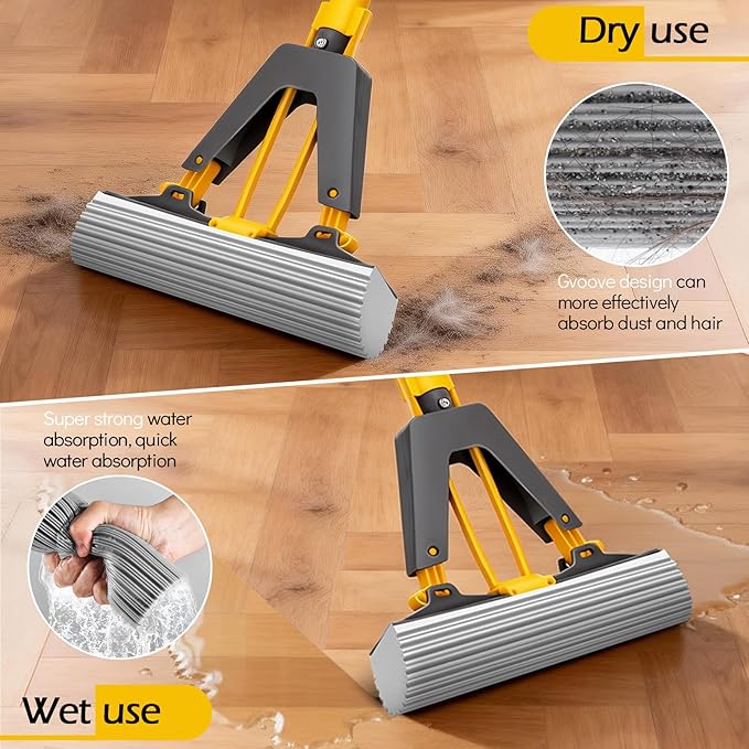 MASTERTOP Sponge Mop, Self Squeeze Mop with 3 PVA Absorbent Mop Refills, Roller Sponge Mop with 52'' Stainless Steel Handle for Kitchen Bathroom Office Hardwood Laminate Floor Cleaning