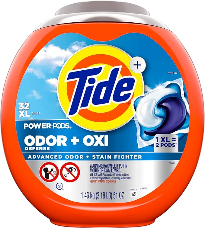 Tide Odor Defense + Oxi Laundry Detergent Pacs, Original Scent, 32 Count, Advanced Odor + Stain Fighter
