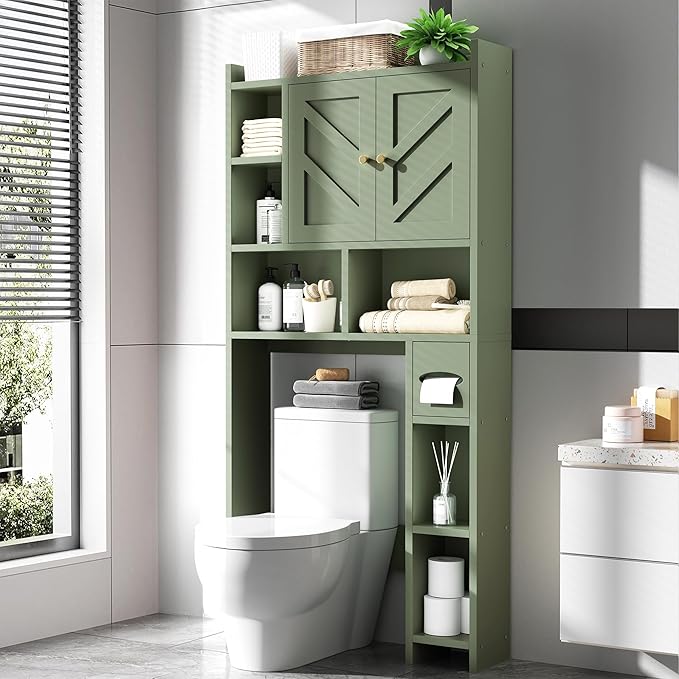 Meilocar Over The Toilet Storage Cabinet, 64.6" Tall Bathroom Organizer Space Saver with Toilet Paper Holder & Adjustable Shelf, Freestanding Wood Cabinet for Small Space, Green