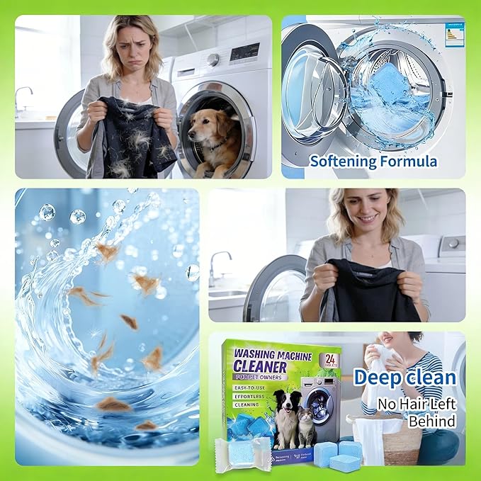 Washing Machine Cleaner Tablets - Deep Cleans & Descaler for Front Load and Top Load Washers, HE Compatible, 24 Pack Formulated for Pet Owners
