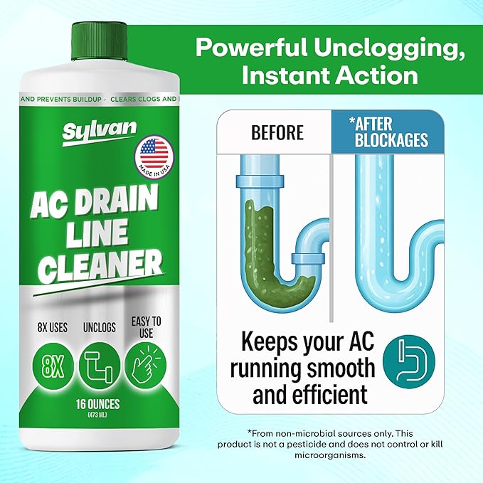 Sylvan AC Drain Line Cleaner | 2x 16 Oz (8 Uses) | 12 Month Supply | Made in USA | Universal Compatibility | Removes Clogs and Buildup from HVAC Condensate Lines | Air Conditioner Unclogger