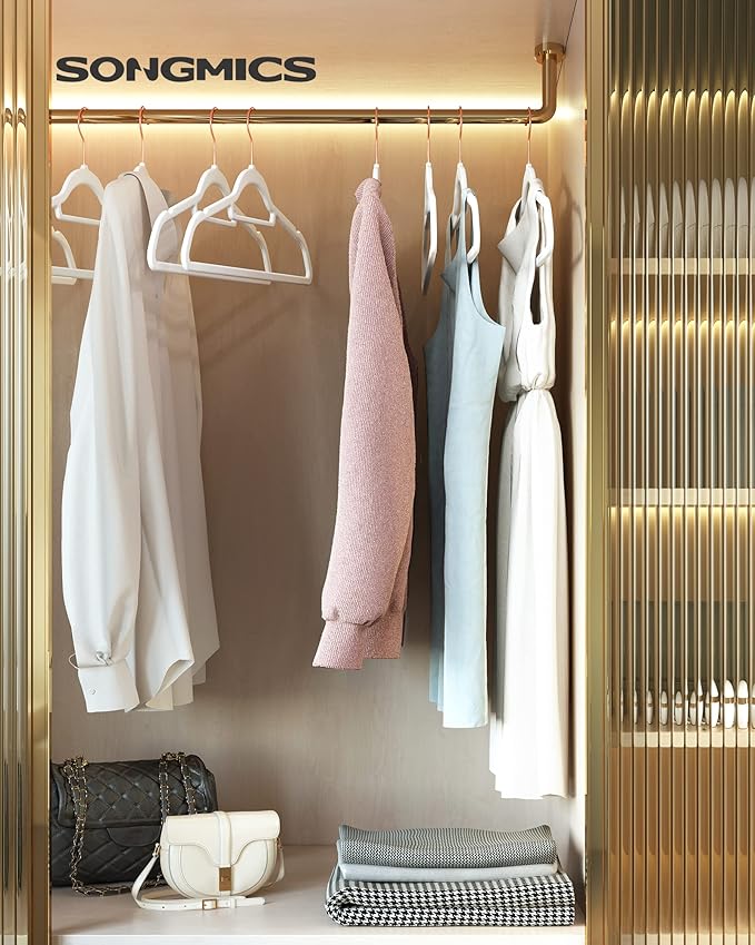 SONGMICS Velvet Hangers, Set of 60 Clothes Hanger with Rose Gold Swivel Hook, Non-Slip, and Space-Saving, 0.2-Inch Thick, 17.1-Inch Long for Coat, Shirt, Dress, Pants, Tie, Cloud White UCRF0021W01