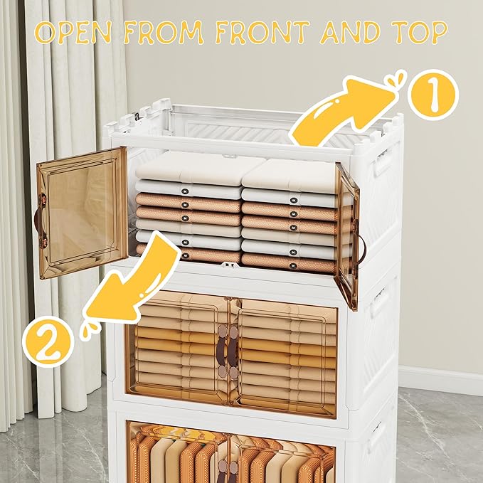 Storage Bins with Lids and Wheels, 440QT-110QT*4Tier Collapsible Bathroom Storage Cabinet with Clear Doors, Plastic Stackable Closet Organizers and Containers White