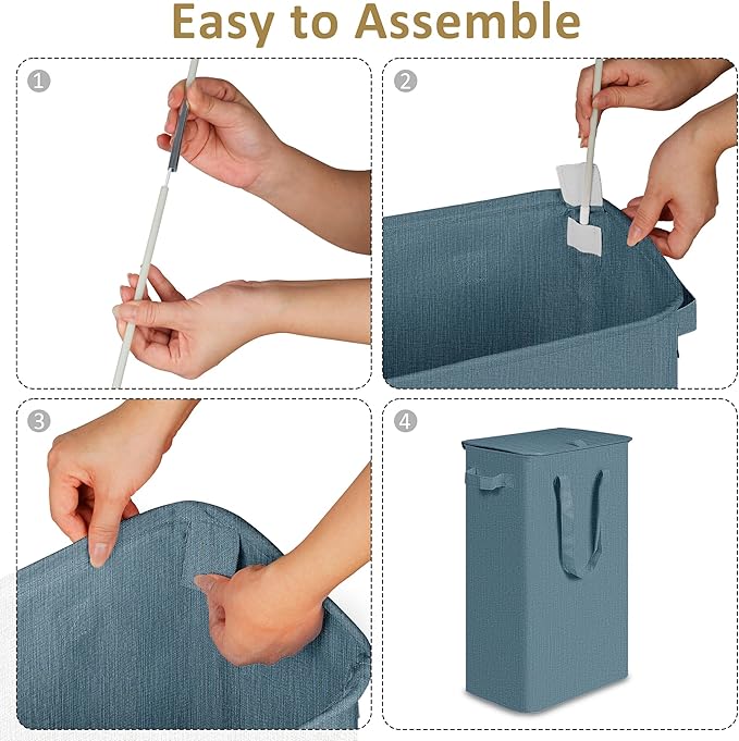 efluky Slim Laundry Basket with Lid, Narrow Laundry Hamper with Handles, Collapsible Dirty Clothes Hamper, Tall Laundry Bin for Laundry Room, Dorm and Bedroom, 55L Denim Blue