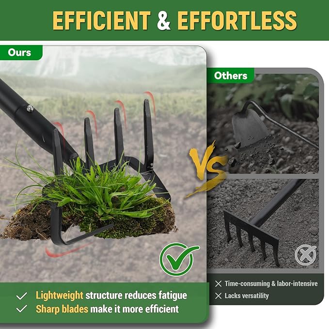 Stirrup Hoe, Heavy Duty Hula Hoe with 32-62" Adjustable Long Handle, 2 in 1 Action Hoe with Cultivator Rake, Scuffle Hoe, Hula Hoe Garden Tool for Weeding Grass, Loosening Soil, Sharp Blade, Black