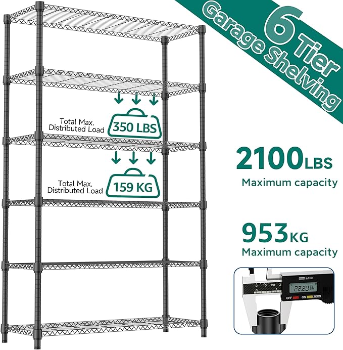 M MZG 2100LBS 47.2" W 6 Tiers Shelf Storage Shelves Metal Shelving Unit Heavy Duty Garage Shelving Adjustable Wire Shelves for Pantry,Kitchen,Garage,Basement,Black 17.7" D x 47.2" W x 82.4" H