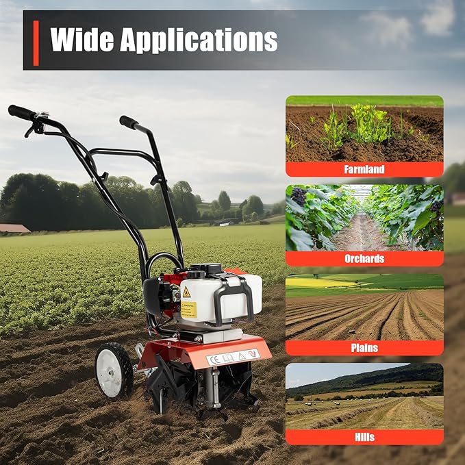 2 Stroke Tiller Cultivator, 52CC 1700W Gas Powered Garden Tiller Single Cylinder Air Cooled Tilling Machine Infinite Speed Regulation Rototiller w/4 Blades&0.22Gal Fuel Tank for Cultivation Ploughing