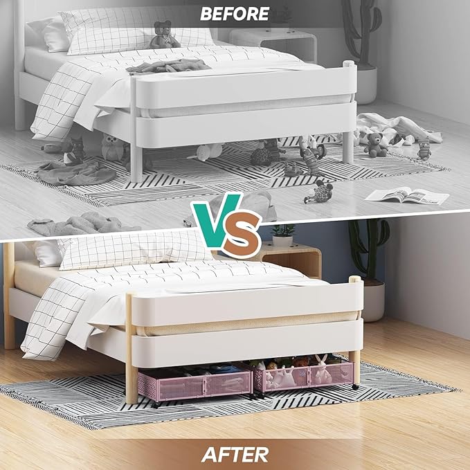 PHINOX Under the Bed Storage Containers with Wheels, Under Bed Storage, Under Bed Shoe Storage Organizer Drawer, Tool-free Assembly Metal Underbed Storage Containers -Pink