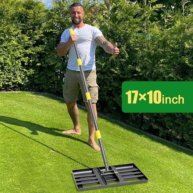 Lawn Leveling Rake - Heavy Duty 17"x10" Stainless Steel Leveler Plate,Reinforced Welds,28-60" Adjustable, Anti Flipping Smooth Edge,for Soil, Dirt,Ground,Backyard Top Dressing,Landscaping