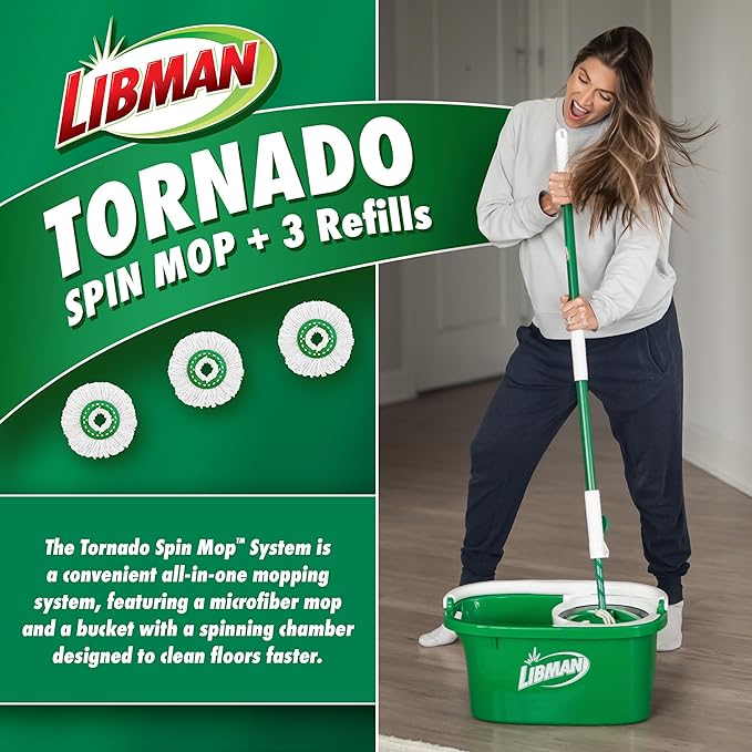 Libman Tornado Spin Mop System with Refill Heads, Microfiber Spinning Mop and Bucket with Wringer Set for Home, Floor Cleaning of Hard-Wood, Laminate, Tile, All Surface Cleaner