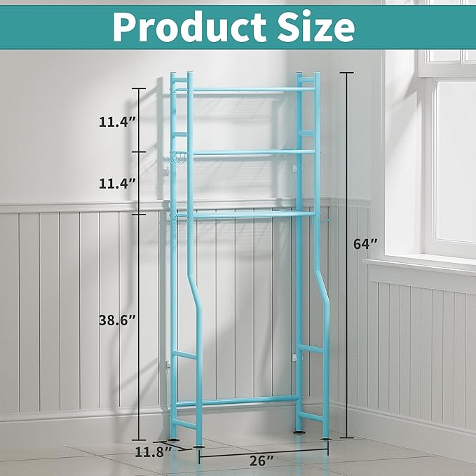 3-Tier Over The Toilet Storage Organizer, Space-Saving Bathroom Rack with Paper Holder & 4 Hooks, 64" Tall Freestanding Carbon Steel Shelf for Small Apartment Laundry Room (Blue)