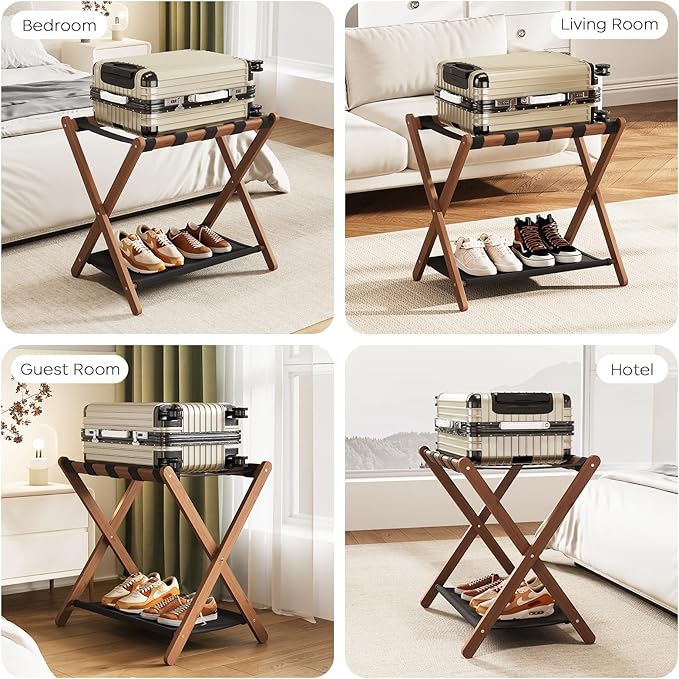 Fully Assembled Walnut Luggage Racks Set of 2, Bamboo 26.77" Luggage Rack Stand for Guest Room, 5 Nylon Straps, Foldable Suitcase Stand with Storage Shelf for Bedroom Hotel, Holds up to 165 Lbs