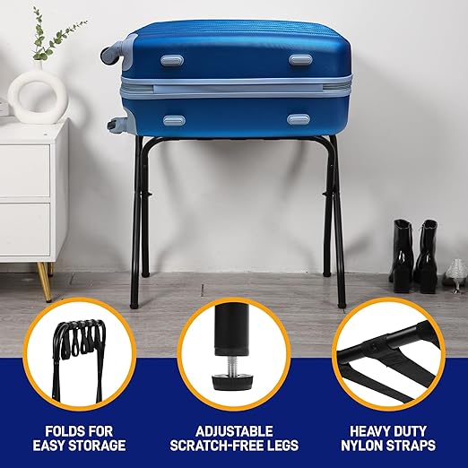 Lifemaster Metal Luggage Rack - Pack of 3 Foldable, Easy Assembly, Space Saving, and Stylish Steel Frame Guest Suitcase Stands with Nylon Straps - Black