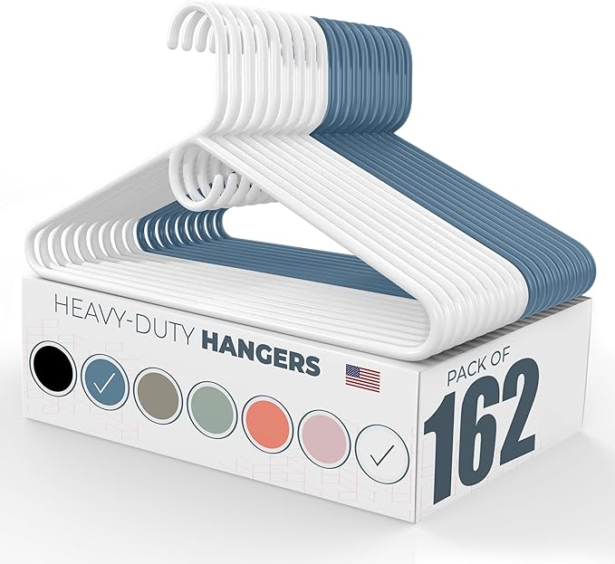 Neaties Heavy Duty Clothes Hangers 100+ Pack (162 Count) – Made in the USA – 8lb Capacity Plastic Hangers for Adult Clothing – Durable for Pants, Coats, Jackets, or Jeans – White & Blue
