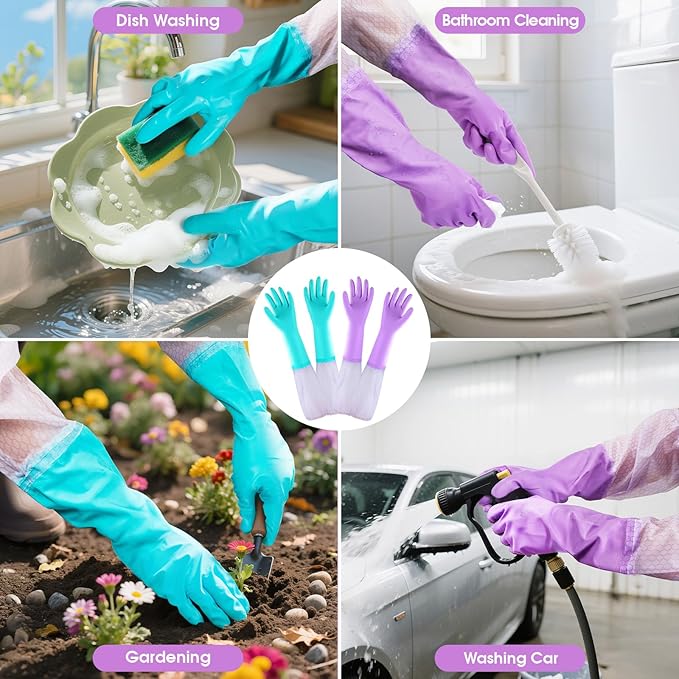 Elgood Reusable Long Sleeve Dishwashing Cleaning Gloves with Latex Free,Cotton Lining,Kitchen Gloves 2 Pairs,Purple+Blue L