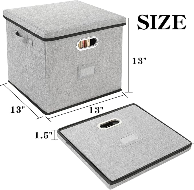 Vinyl Record Storage Box Hold 100+ Lp Albums Foldable Storage Bin with Lid Record Holder for Albums, CDs, DVDs (Grey, Large-2pcs)