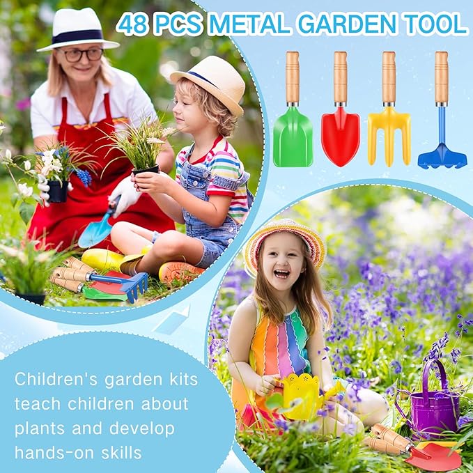 8" Kids Gardening Tools, Metal Beach Sandbox Digging Toys with Wooden Handle, Including Shovel, Rake, Fork and Trowel, Garden Sand Snow Tools for Children Gift Outdoor Gardening(48 Pcs)