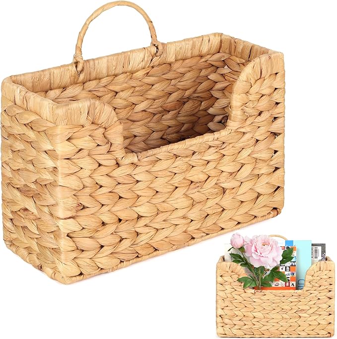 Handwoven Water Hyacinth Wall Magazine Holder - Natural Hanging Organizer for Mail, Newspapers & Magazines, Books & Files - Decorative Boho Storage Basket for Entryway, Bathroom, Living Room, Office.
