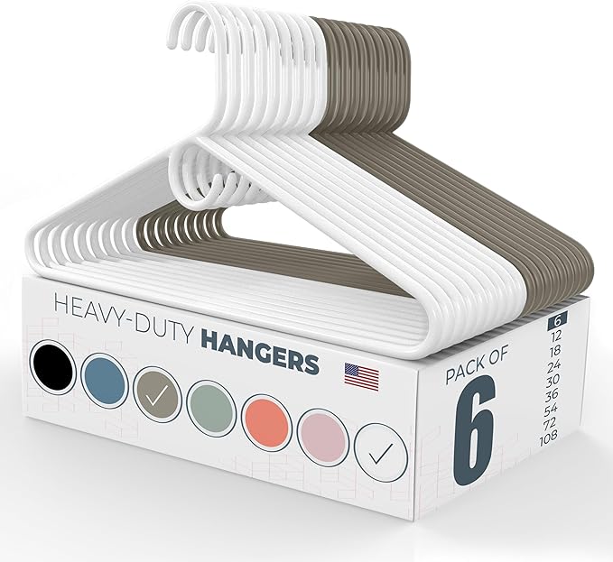 Neaties Heavy Duty Clothes Hangers 6 Pack – Made in the USA – 8lb Capacity Plastic Hangers for Adult Clothing – Durable for Pants, Coats, Jackets, or Jeans – White & Gray