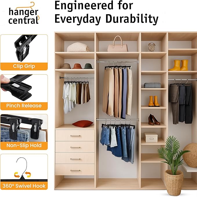 Hanger Central 12 Pack Pants Hangers – 12 Inch Slim Plastic Clothes Hangers with Clips for Skirts, Pants, Shorts – Space Saving Heavy Duty Closet Organizer with Non Slip Grip & Swivel Hook – Black