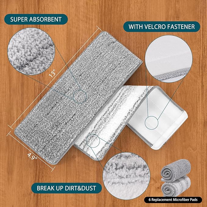 Mop Replacement Pads Compatible with JOYMOOP Flat Mop or Mop Bucket Set - Microfiber Flat Mop Pads for All 13" X 4.9" Squeeze Flat Floor Mop - Washable Mop Head Replacement (3+3 Pack)