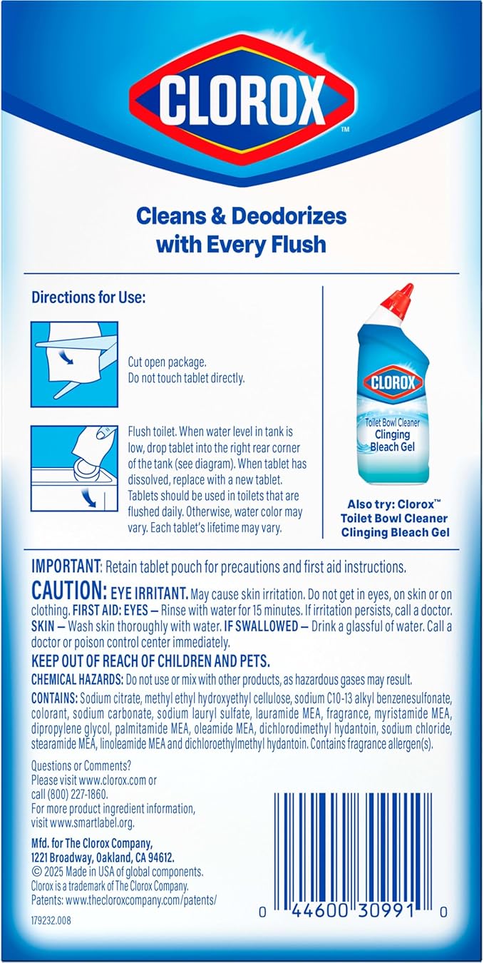 Clorox Ultra Clean Toilet Tablets Bleach & Blue, Rain Clean Scent, 2.47 Ounces Each, 4 Count (Package May Vary)