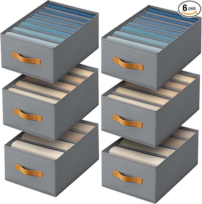 Homsorout Clothes Organizers and Storage - 4/5/7 Grids Fabric Jeans Organizer with Handles, Foldable Closet Organizers Dividers, Wardrobe organizer for Pant, Sweater, T-shirt, Scarf, 6 Pack, Pale Grey