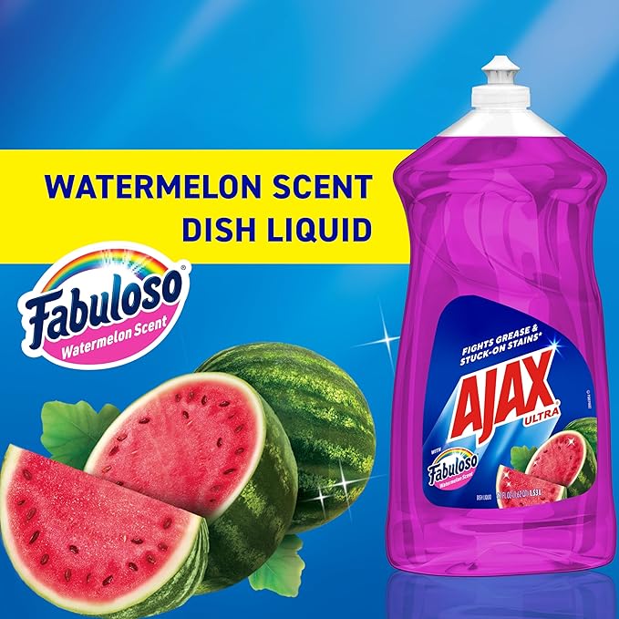 Ajax Ultra Liquid Dish Soap with Fabuloso Watermelon Scent, Fights Grease and Stuck-On Stains, Deep Cleaning Action, Mess-Free, Easy-Flip Cap, 52 fl oz Bottle (Pack of 2)