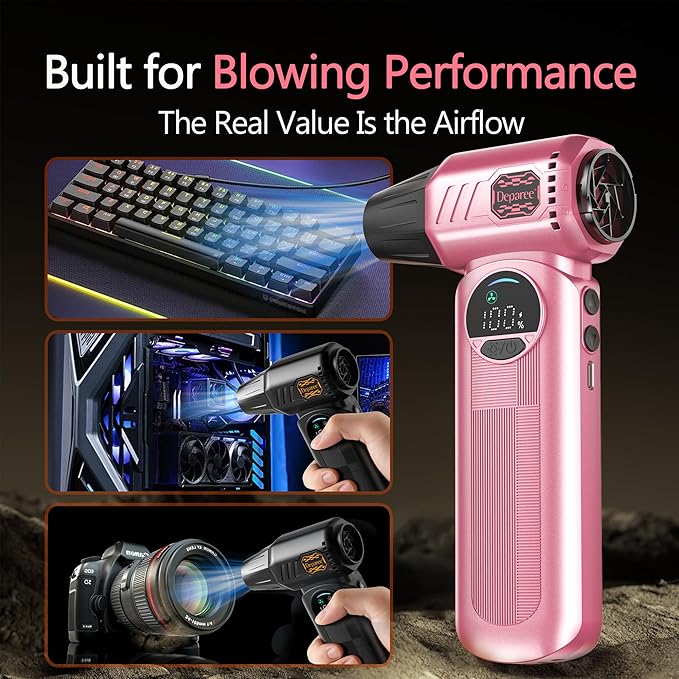 Air Duster, Compressed Air Duster Pink, Rechargeable Cordless with Adjustable Speed, LED Light & 8000mAh Battery, 150000 RPM for Keyboard, PC & Car Cleaning
