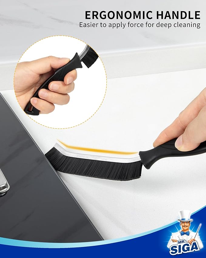 MR.SIGA Crevice Cleaning Brush with Handle, Heavy Duty Scrub Brush for Deep Cleaning, Flexible Grout Cleaner Brush, 5 Pack, Black