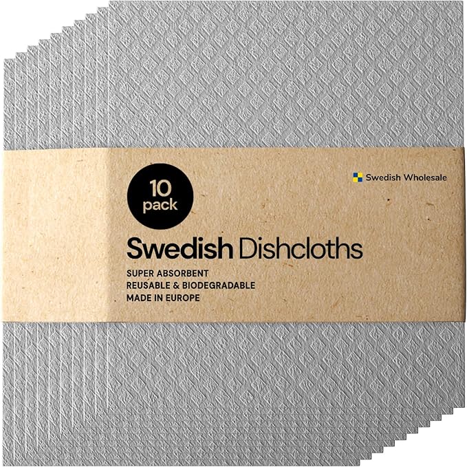 Swedish Wholesale Dishcloths Reusable 8" x 7" Sponge Cloths, Bulk 10 Pack of High Absorbent Cellulose Dish & Kitchen Cleaning Hand Towels, Wring to Dry & Machine Wash, Odor Resistant, Grey