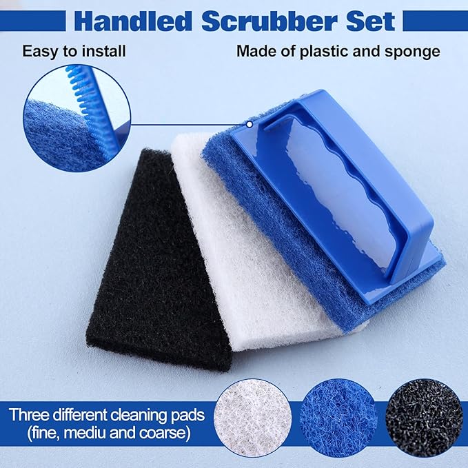 Handled Bath Scrubber Set 3 Pcs Non-Scratch Bathroom Scrubbing Pads with 1 Pc Handle, Reusable Cleaning Sponge Scrub Brush for Cleaning Shower Tile Bathtube Sink Spas Tubs Swimming Pool Step