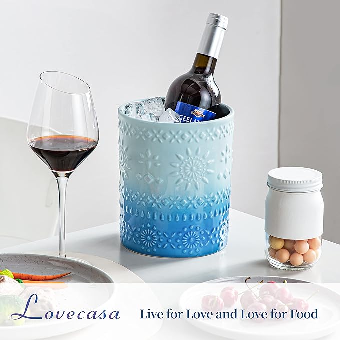 LOVECASA Extra Large Kitchen Utensil Holder, 7.2" Ceramic Farmhouse Utensil Holder For Kitchen Décor Countertop With Heavy And Sturdy Base, Utensil Crock Organizer, Blue