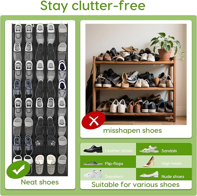 Unjumbly Over the Door Shoe Organizer with 40 Large Breathable Mesh Pockets, Space Saving Shoe Holder, Hanging Shoe Rack for Entryway Bedroom Closet Storage (Black, 80 Pockets)