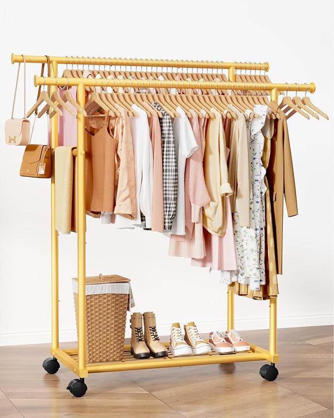 Sakugi Metal Clothes Rack - Double Rod Clothing Rack with Fixed Design and Rolling Wheels, Coat Rack with Built-In Shelf for Closet Organizers and Storage (38.5" x 16.9" x 59.0", Gold)