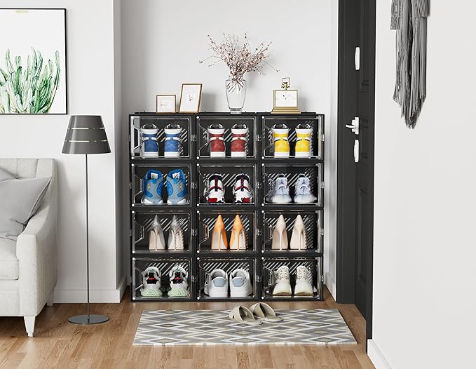 SIMPDIY Shoe Storage, 12 Pack X-Large Shoe Organizer for Closet, Shoe Boxes Clear Plastic Stackable Shoe Storage Boxes for Size 13