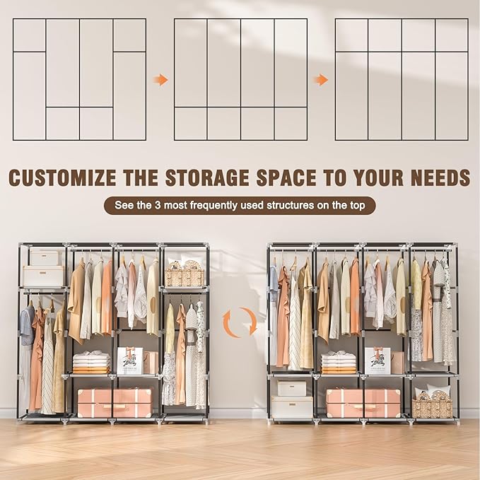 Neatrays Portable Closet, 66 Inch Large Capacity Wardrobe for Closet Organizers and Storage with Non-Woven Fabric Cover, 4 Hanging Rods, 8 Shelves(Grey)
