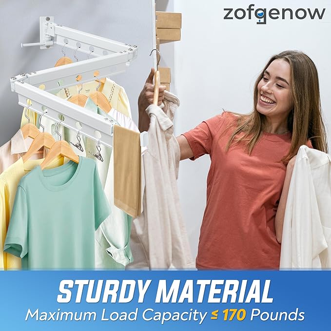 Clothes Drying Rack Wall Mounted, Retractable Space-Saving Aluminum Foldable Laundry Drying Rack for Indoor & Outdoor Use - Laundry Rooms, Bathroom & Balconies,Includes 10 Clothespins(White)